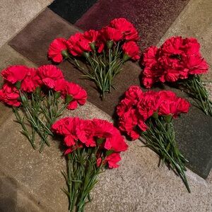 Vibrant Red Artificial Carnations and Hydrangeas